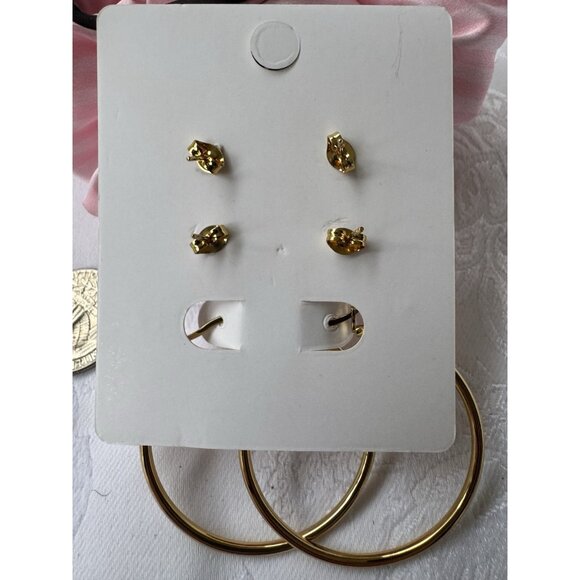 Mint Stainless Steel 316L 3 Pack Gold Tone Studs & Round 1.5" Hoop Earrings NEW - Picture 5 of 5